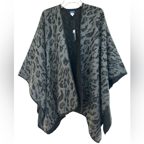 Apt. 9 Black/Gray Reversible Leopard Preppy Ruana Poncho One Size - Picture 2 of 12